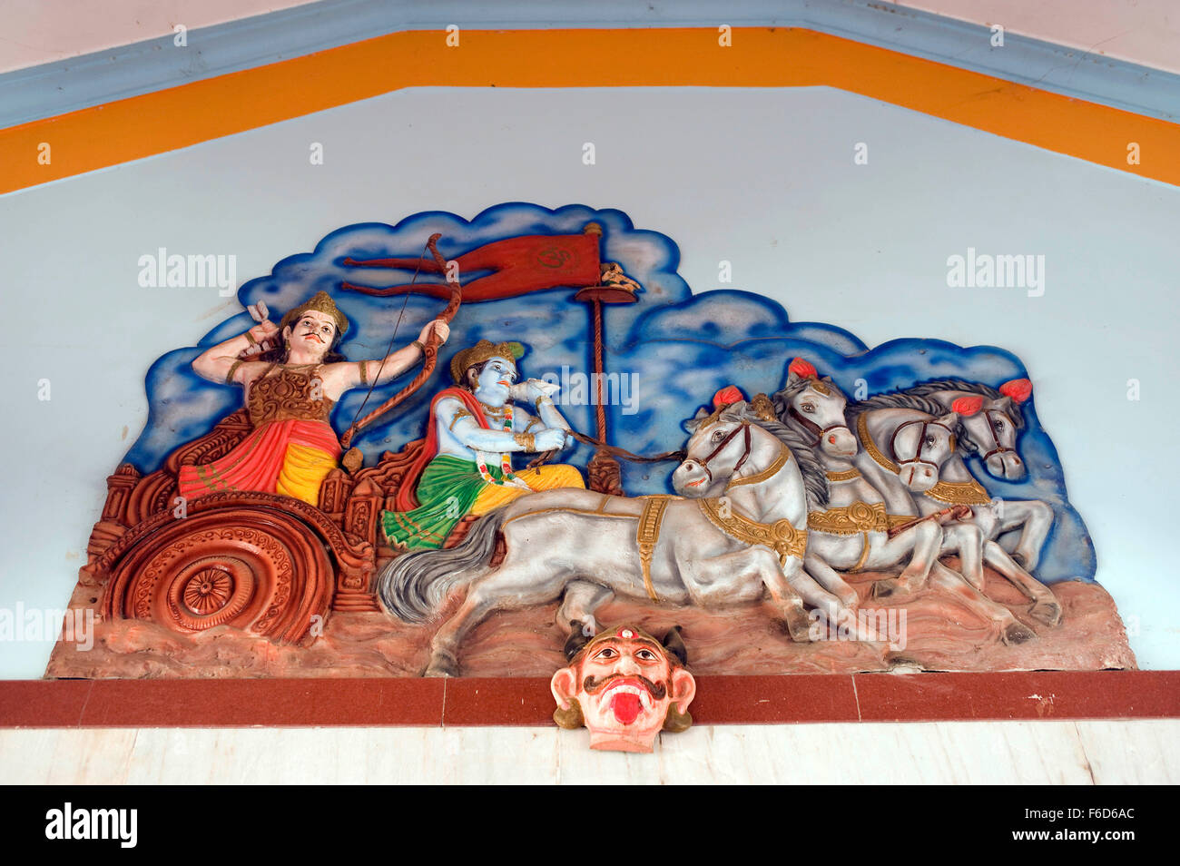 Arjuna with krishna on chariot relief figures, shri ravalnath temple, goa, india, asia Stock Photo