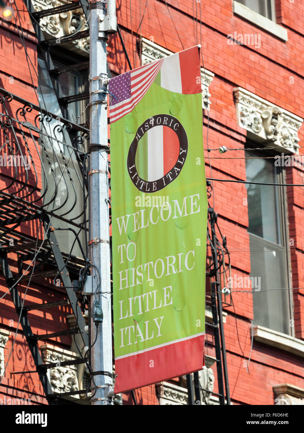 Welcome sign to Little Italy, historic neighborhood in Lower Manhattan, New York City. Stock Photo