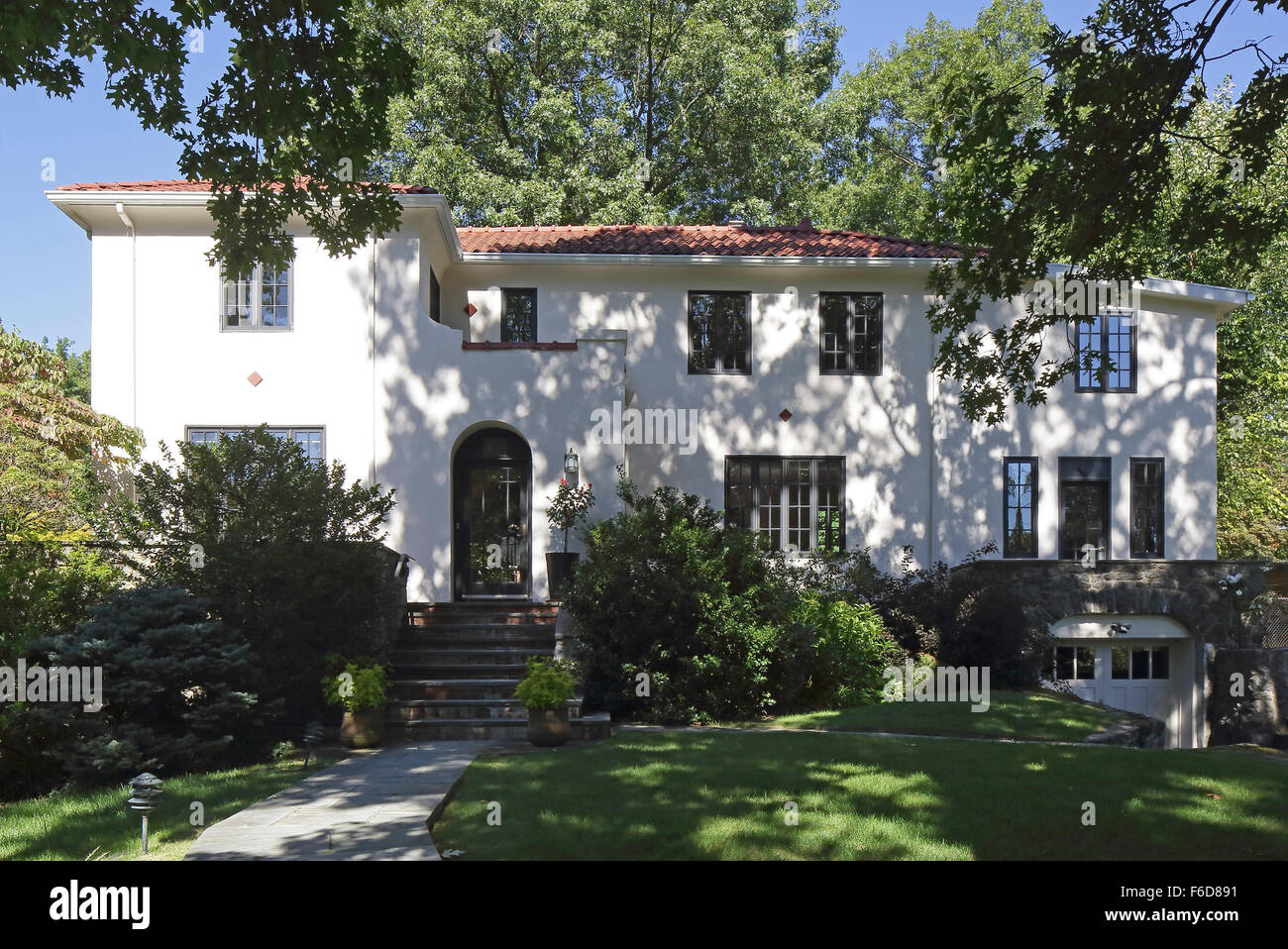 Front elevation straight on. New England Private Residence, Larchmont, United States. Architect: unknown, 1927. Stock Photo
