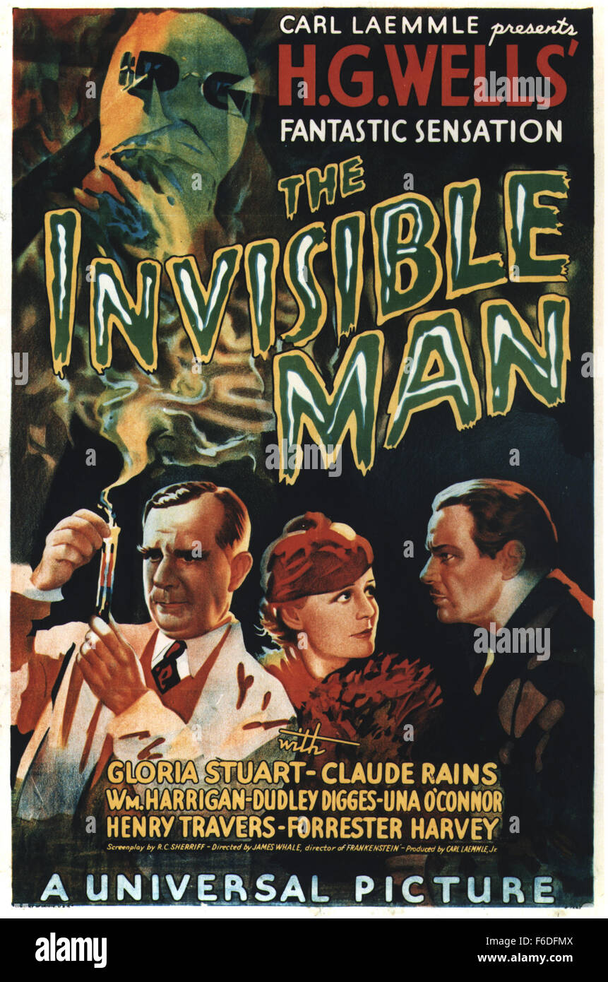 RELEASE DATE: November 13, 1933. MOVIE TITLE: The Invisible Man. STUDIO: Universal Pictures. PLOT: A mysterious man, whose head is completely covered in bandages, wants a room. The proprietors of the pub aren't used to making their house an inn during the winter months, but the man insists. They soon come to regret their decision. The man quickly runs out of money, and he has a violent temper besides. Worse still, he seems to be some kind of chemist and has filled his room with messy chemicals, test tubes, beakers and the like. When they try to throw him out, they make a ghastly discovery. Mea Stock Photo