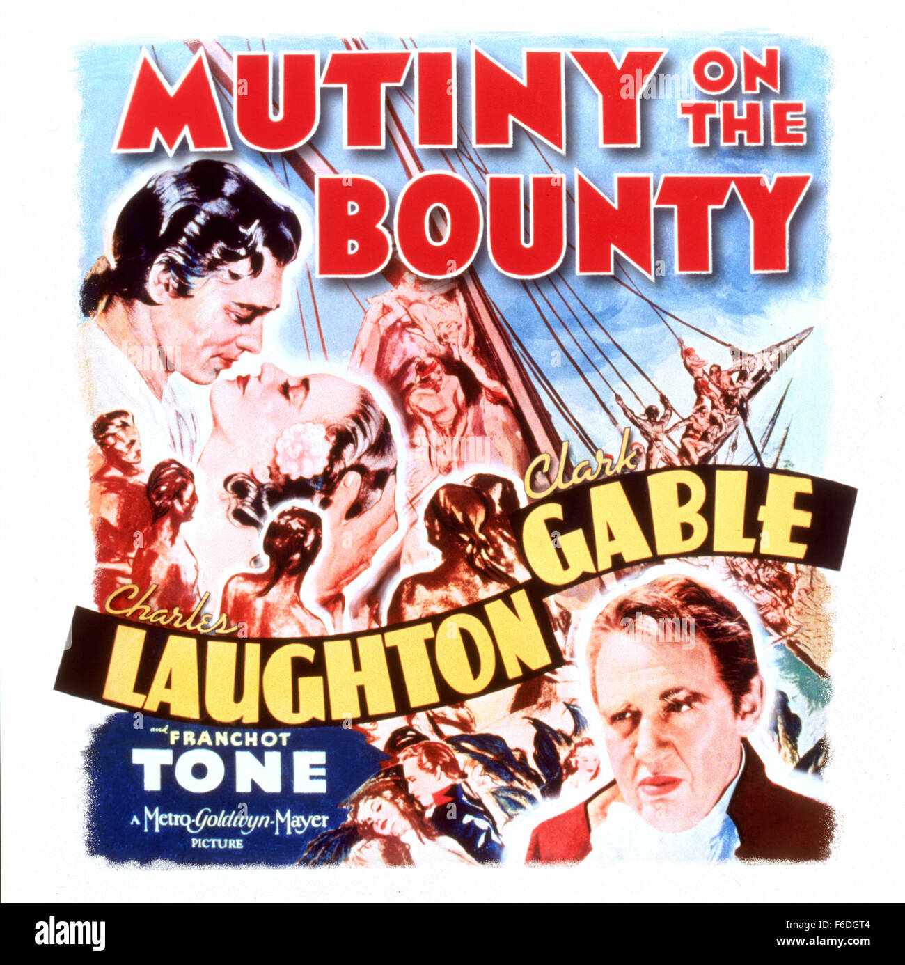 RELEASE DATE: November 22, 1935. MOVIE TITLE: Mutiny on the Bounty. STUDIO: Metro-Goldwyn-Mayer (MGM). PLOT: Midshipman Roger Byam joins Captain Bligh and Fletcher Christian aboard the HMS Bounty for a voyage to Tahiti. Bligh proves to be a brutal tyrant and, after six pleasant months on Tahiti, Christian leads the crew to mutiny on the homeward voyage. Even though Byam takes no part in the mutiny, he must defend himself against charges that he supported Christian. PICTURED: CHARLES LAUGHTON as Bligh and CLARK GABLE as Christian. Stock Photo
