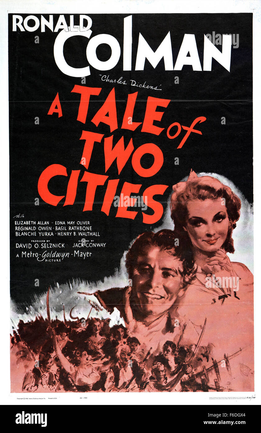 RELEASE DATE: December 25, 1935. MOVIE TITLE: A Tale of Two Cities. STUDIO: Metro-Goldwyn-Mayer (MGM). PLOT: An elaborate adaptation of Dickens' classic tale of the French Revolution. Dissipated lawyer Sydney Carton defends emigre Charles Darnay from charges of spying against England. He becomes enamored of Darnay's fiancZe, Lucie Manette, and agrees to help her save Darnay from the guillotine when he is captured by Revolutionaries in Paris. PICTURED: RONALD COLMAN as Sydney Carton and ELIZABETH ALLAN as Lucie Manette. Stock Photo