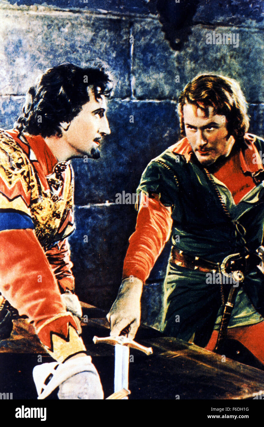 RELEASE DATE: May 14, 1938. MOVIE TITLE: The Adventures of Robin Hood. STUDIO: Warner Bros. Pictures. PLOT: Sir Robin of Locksley, defender of downtrodden Saxons, runs afoul of Norman authority and is forced to turn outlaw. With his band of Merry Men, he robs from the rich, gives to the poor and still has time to woo the lovely Maid Marian, and foil the cruel Sir Guy of Gisbourne, and keep the nefarious Prince John off the throne. PICTURED: ERROL FLYNN as Robin Hood (Credit Image: Entertainment Pictures) Stock Photo