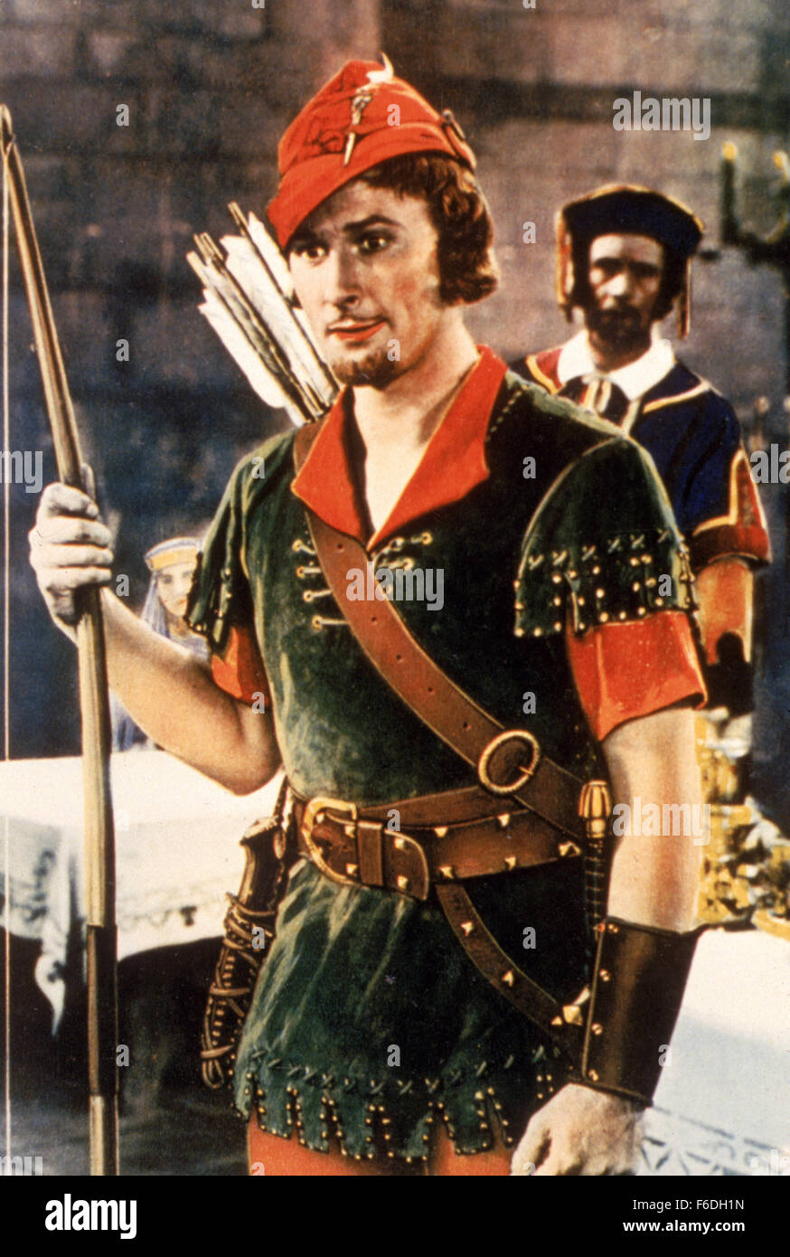 RELEASE DATE: May 14, 1938. MOVIE TITLE: The Adventures of Robin Hood. STUDIO: Warner Bros. Pictures. PLOT: Sir Robin of Locksley, defender of downtrodden Saxons, runs afoul of Norman authority and is forced to turn outlaw. With his band of Merry Men, he robs from the rich, gives to the poor and still has time to woo the lovely Maid Marian, and foil the cruel Sir Guy of Gisbourne, and keep the nefarious Prince John off the throne. PICTURED: ERROL FLYNN as Robin Hood (Credit Image: Entertainment Pictures) Stock Photo