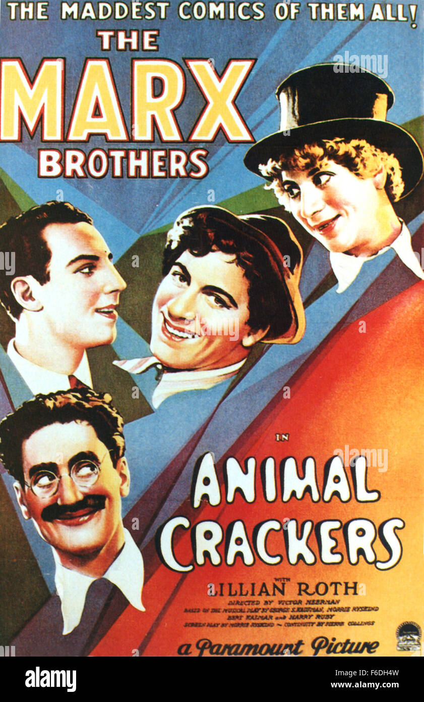 RELEASE DATE: August 28, 1930. MOVIE TITLE: Animal Crackers. STUDIO: Paramount Pictures. PLOT: Captain Spaulding, the noted explorer, returns from Africa and attends a gala party held by Mrs. Rittenhouse. A painting displayed at that party is stolen, and the Marxes help recover it. Well, maybe 'help' isn't quite the word I was looking for--this is the Marx Brothers, after all. PICTURED: GROUCHO MARX as Captain Jeffrey T. Spaulding, HARPO MARX as The Professor, CHICO MARX as Signor Emanuel Ravelli and ZEPPO MARX as Horatio Jamison. Stock Photo