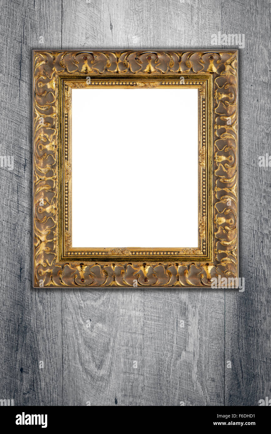 Old picture frame on vintage wood wall Stock Photo - Alamy