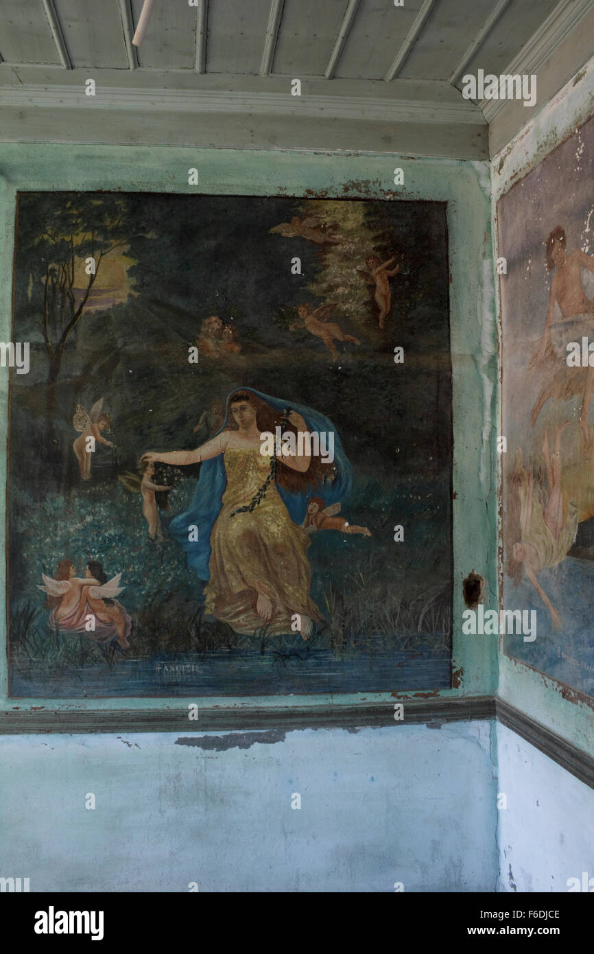 'The spring (season)' wallpainting, adjacent to the 'Phrixus and Helle' theme (right) both by Manos Papamalis. Kontias, Limnos Stock Photo