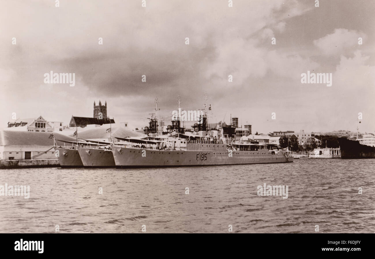 706. HMS Roebuck, HMS Whirlwind (centre vessel), HMS Wakeful (inside vessel). Pictured at the dockside Hamilton 1956. Stock Photo