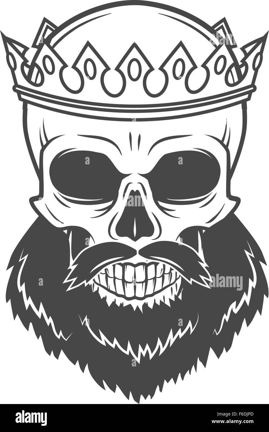 Bearded Skull King with Crown. Vintage Cruel tyrant portrait design. Royal t-shirt illustration. Old prince logo template. Stock Vector