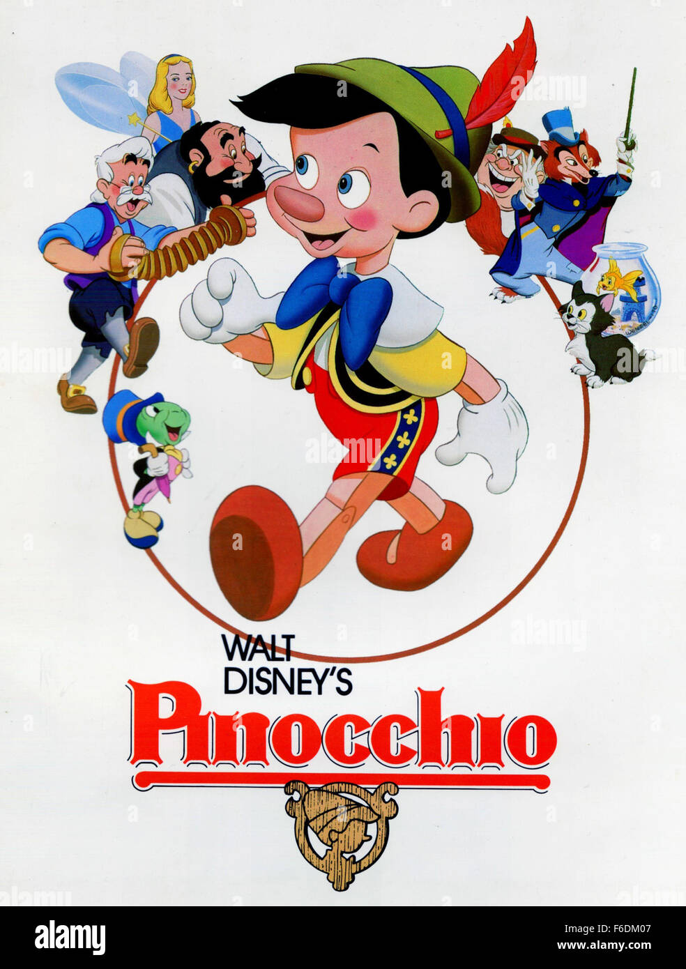 RELEASE DATE: February 9, 1940. MOVIE TITLE: Pinocchio. STUDIO: Walt Disney Productions. PLOT: Inventor Gepetto creates a wooden marionette called Pinocchio. His wish that Pinocchio be a real boy is unexpectedly granted by a fairy. The fairy assigns Jiminy Cricket to act as Pinocchio'sconscience and keep him out of trouble. Jiminy is not too successful in this endeavor and most of the film is spent with Pinocchio deep in trouble. PICTURED: . Stock Photo