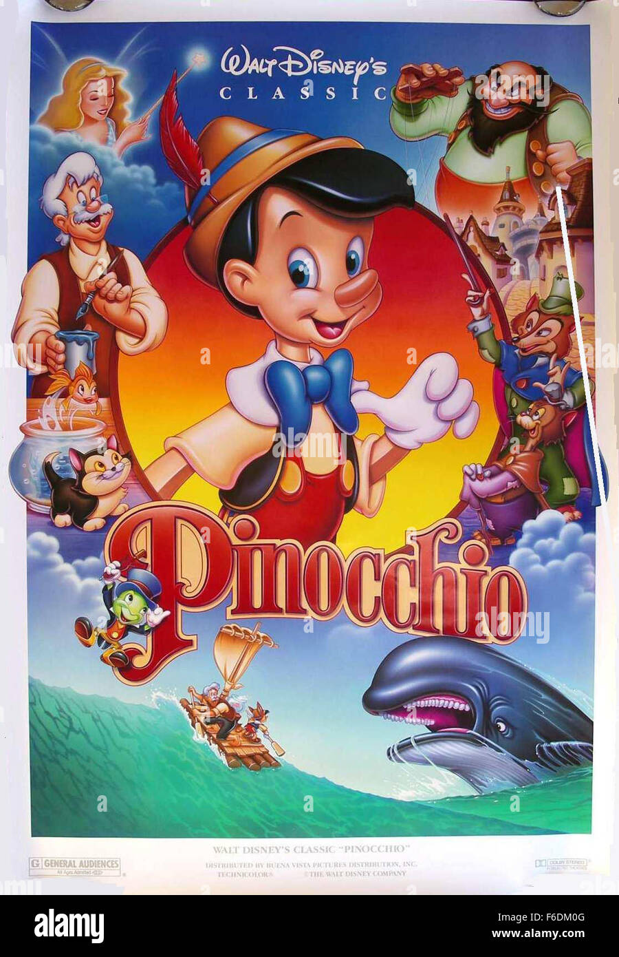 RELEASE DATE: February 9, 1940. MOVIE TITLE: Pinocchio. STUDIO: Walt Disney Productions. PLOT: Inventor Gepetto creates a wooden marionette called Pinocchio. His wish that Pinocchio be a real boy is unexpectedly granted by a fairy. The fairy assigns Jiminy Cricket to act as Pinocchio'sconscience and keep him out of trouble. Jiminy is not too successful in this endeavor and most of the film is spent with Pinocchio deep in trouble. PICTURED: . Stock Photo