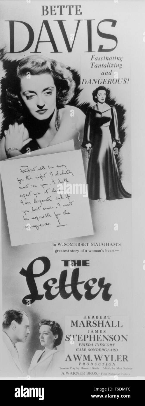 RELEASED: Nov 22, 1940 - Original Film Title: The Letter. PICTURED: BETTY DAVIS, Movie Poster. Stock Photo