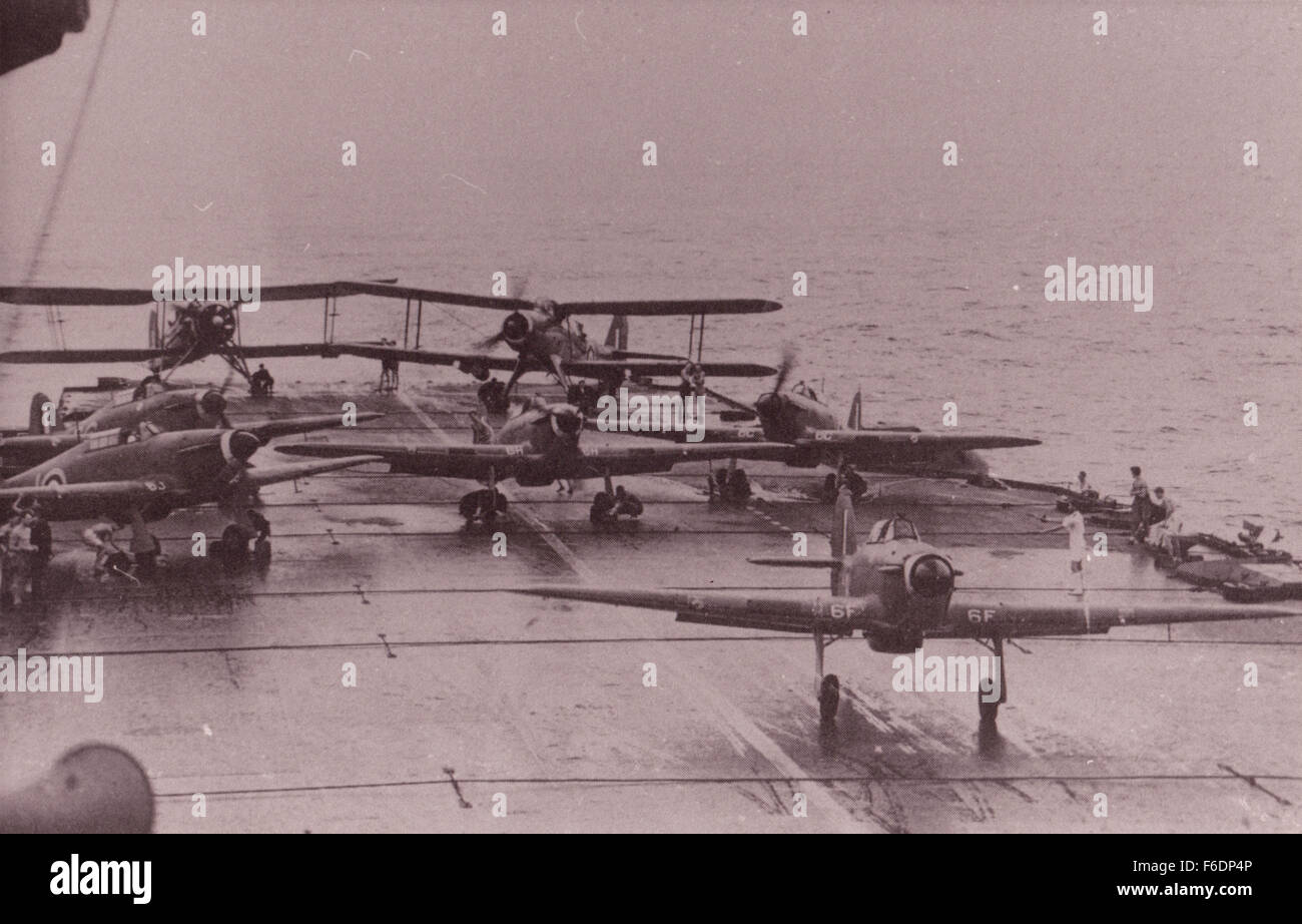 717. British Aircraft Carrier deck flights planes are a “Sea Hurrican” an “Albacore” and a bi-plane  “The Swordfish” Stock Photo