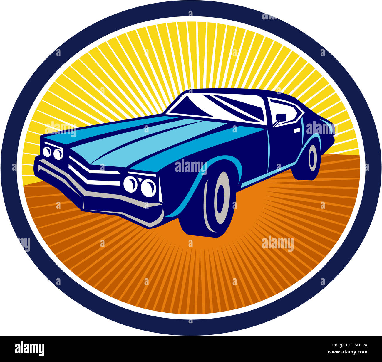 Illustration of an american vintage muscle car set inside oval viewed from front on isolated background done in retro style. Stock Photo