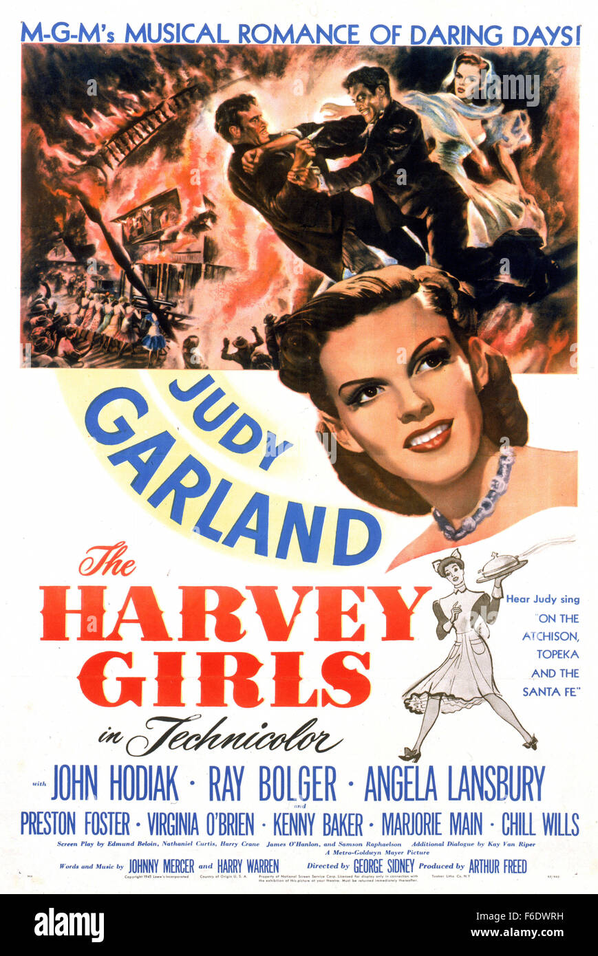 RELEASE DATE: January 18, 1946. MOVIE TITLE: The Harvey Girls. STUDIO: Metro-Goldwyn-Mayer (MGM). PLOT: On a train trip West to become a mail order bride Susan Bradley meets a cheery crew of young women traveling out to open a Harvey House restaurant at a remote whistle stop to provide good cooking and wholesome company for railway travellers. When Susan and her bashful suitor find romance daunting, Susan joins the Harvey Girls instead. The saloon across the street with its alluring worldly-wise women offers them tough competition, fair and foul, and Susan catches the eye of the Ned Trent, Stock Photo