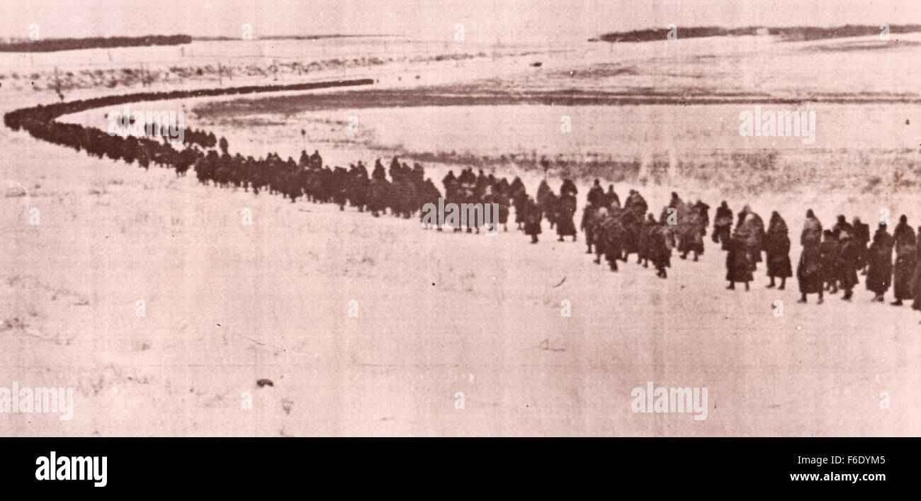 734. Russia. Vorenezh Front. Columns of captured German soldiers are trudged back from the battle after the surrender. Stock Photo