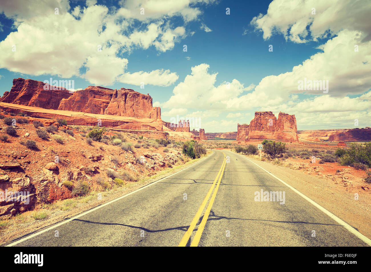 Vintage toned scenic road, travel concept picture, USA. Stock Photo