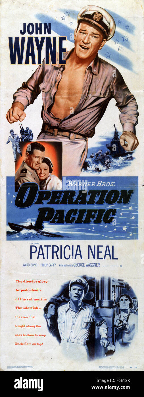 RELEASE DATE: January 27, 1951. MOVIE TITLE: Operation Pacific. STUDIO: Warner Bros. Pictures. PLOT: During WWII, Duke E. Gifford is second in command of the USS Thunderfish, a submarine which is firing off torpedoes that either explode too early or never explode at all. It's a dilemma that he'll eventually take up personally. Even more personal is his quest to win back his ex-wife, a nurse; but he'll have to win her back from a navy flier who also happens to be his commander's little brother. PICTURED: JOHN WAYNE as Lt. Cmdr. Duke E. Gifford and PATRICIA NEAL as Lt. Mary Stuart. Stock Photo