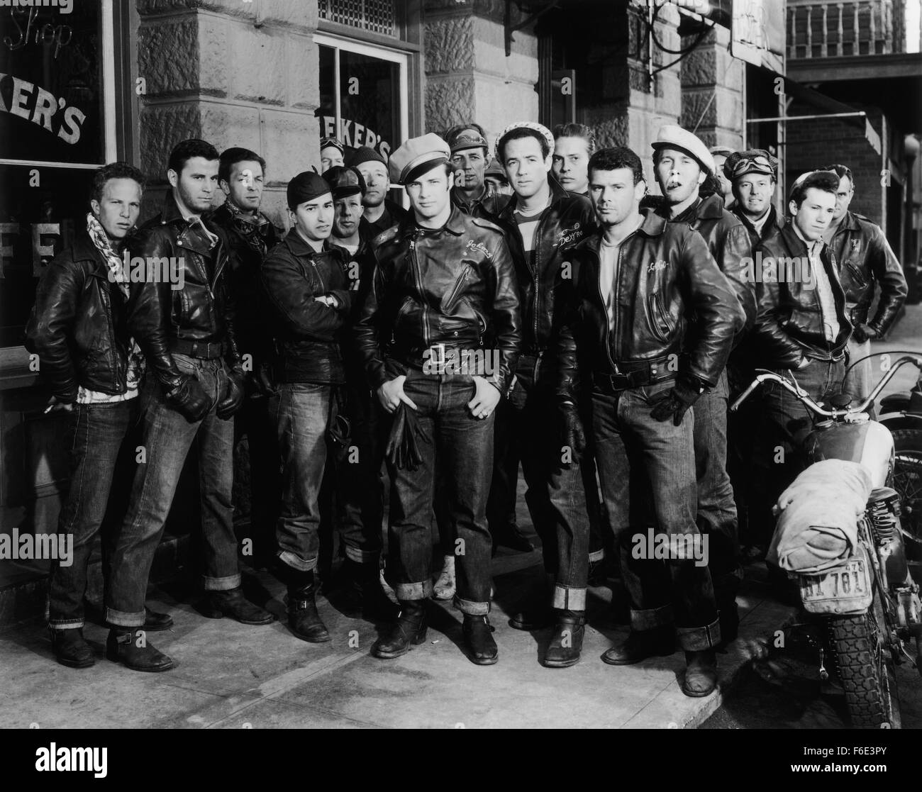 RELEASE DATE: December 30, 1953. MOVIE TITLE: The Wild One. STUDIO: Stanley Kramer Productions. PLOT: A gang of forty motorcyclists, the Black Rebels Motorcycle Club, gate-crash a legitimate motorcycle race. They are eventually thrown out, but one of the gang steals the second prize trophy and gives it to their leader, Johnny. The gang then ride into Wrightsville, where they race up and down the main street before piling into Bleekers - the local bar. The owner of the bar is happy to let the bikers spend their money, so does not support the sheriff's attempt to address any disturbances. Stuck Stock Photo