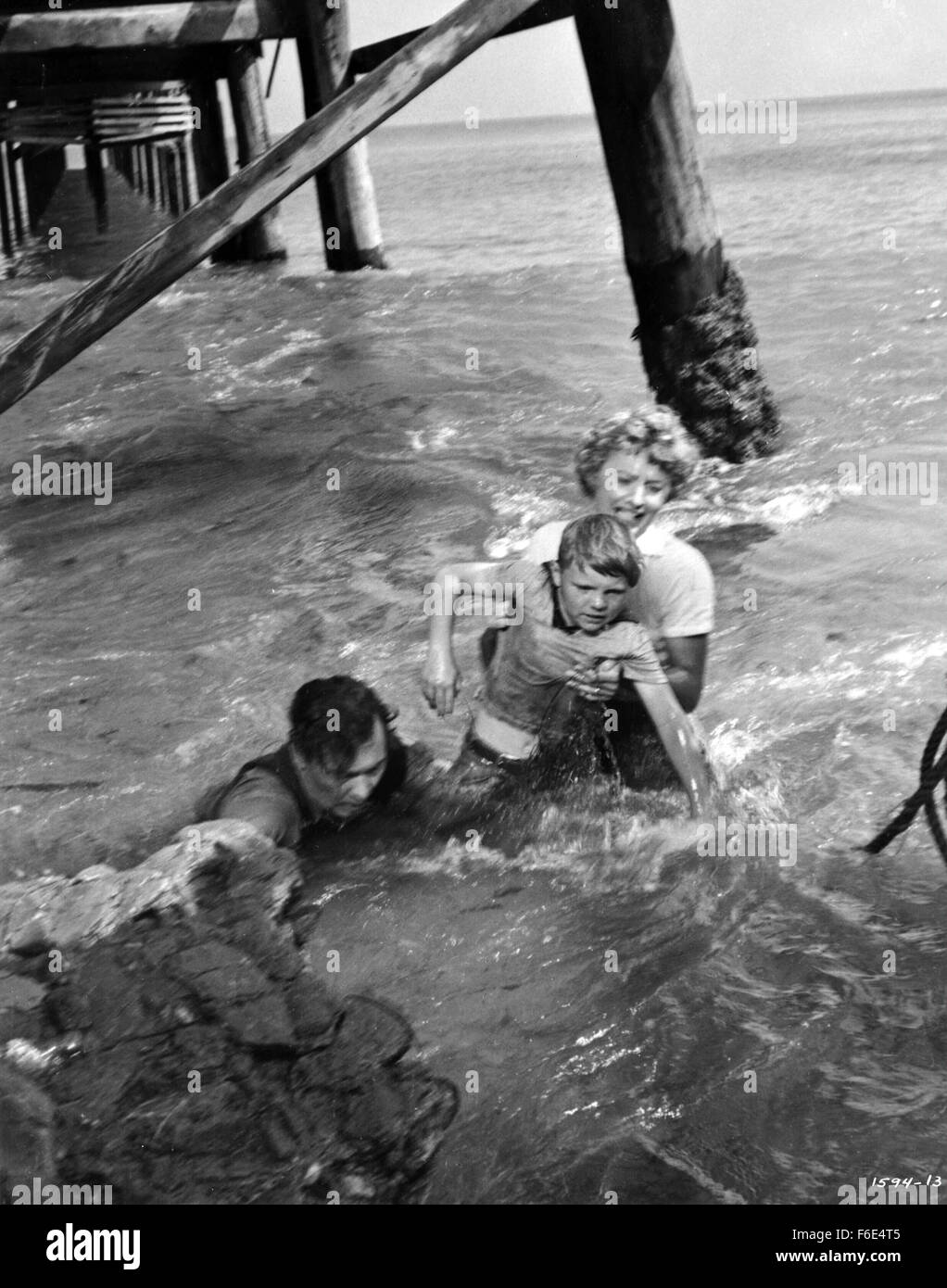 RELEASE DATE: March 30, 1953. MOVIE TITLE: Jeopardy. STUDIO: Metro-Goldwyn-Mayer (MGM). PLOT: The Stilwins are on vacation to an isolated beach in Mexico. Walking on a deserted jetty, Doug Stilwin gets his leg trapped under one of the logs. All attempts to move the log are futile and Helen Stilwin takes the car to get help. However, an escaped criminal kidnaps her. Will she be able to return to her husband before he drowns? PICTURED: BARBARA STANWYCK as Helen Stilwin, BARRY SULLIVAN as Doug Stilwin and LEE AAKER as Bobby Stilwin. Stock Photo
