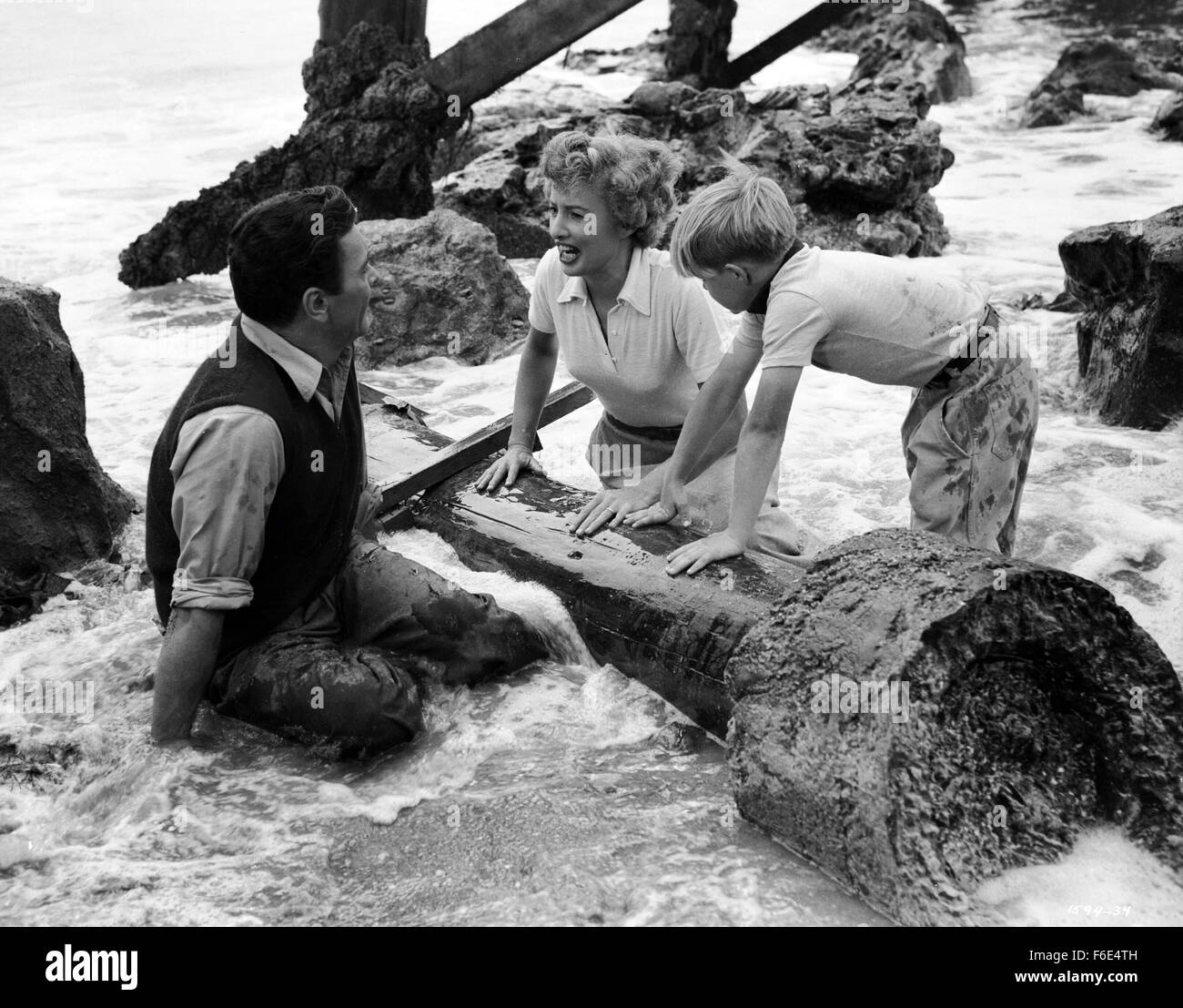 RELEASE DATE: March 30, 1953. MOVIE TITLE: Jeopardy. STUDIO: Metro-Goldwyn-Mayer (MGM). PLOT: The Stilwins are on vacation to an isolated beach in Mexico. Walking on a deserted jetty, Doug Stilwin gets his leg trapped under one of the logs. All attempts to move the log are futile and Helen Stilwin takes the car to get help. However, an escaped criminal kidnaps her. Will she be able to return to her husband before he drowns? PICTURED: BARBARA STANWYCK as Helen Stilwin, BARRY SULLIVAN as Doug Stilwin and LEE AAKER as Bobby Stilwin. Stock Photo