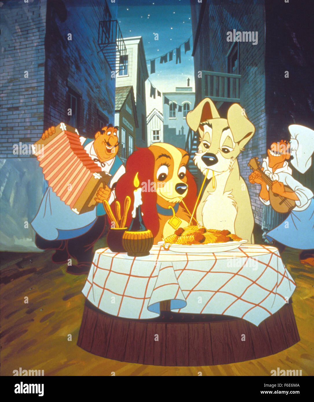 RELEASE DATE: June 1955. MOVIE TITLE: Lady and the Tramp. STUDIO: Walt Disney Productions. PLOT: Lady, a golden cocker spaniel, meets up with a mongrel dog who calls himself the Tramp. He is obviously from the wrong side of town, but happenings at Lady's home make her decide to travel with him for a while. This turns out to be a bad move, as no dog is above the law. Stock Photo