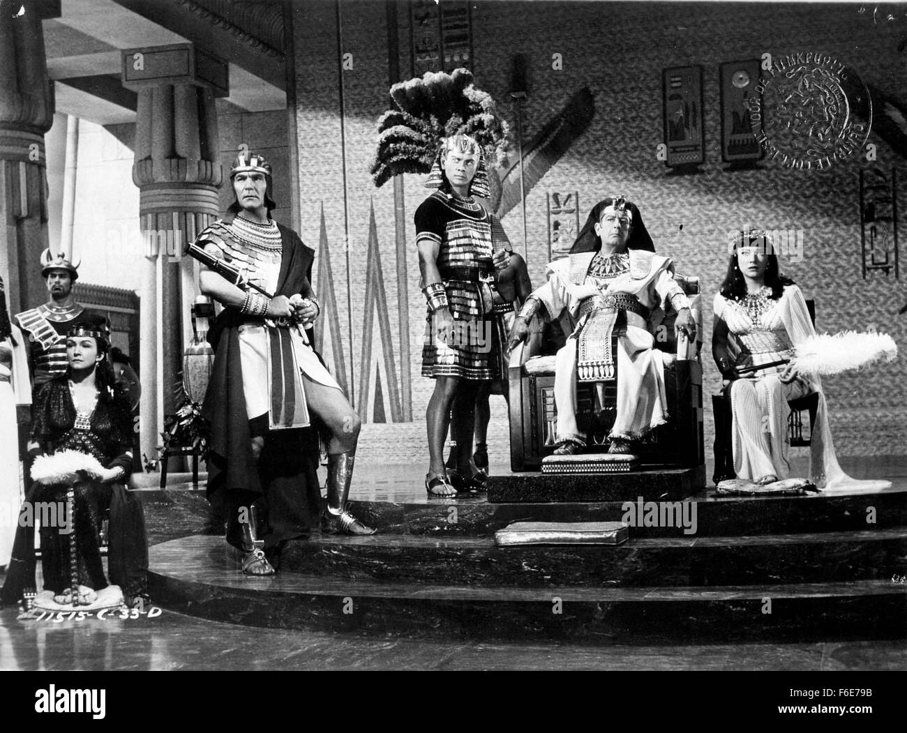 RELEASED DATE: Oct 05, 1956. MOVIE TITLE: The Ten Commandments. STUDIO: Paramount Pictures. PLOT: Moses leads the slaves from the tyranny of the Egyptian pharaoh and into the desert where he is later given the law of God. Once the pharaoh's chief architect, Moses receives the attentions of the Queen until he rebels and is cast into exile. PICTURED: Charleton Heston, Yul Bryner, Anne Baxter, Edward G. Robinson. Stock Photo