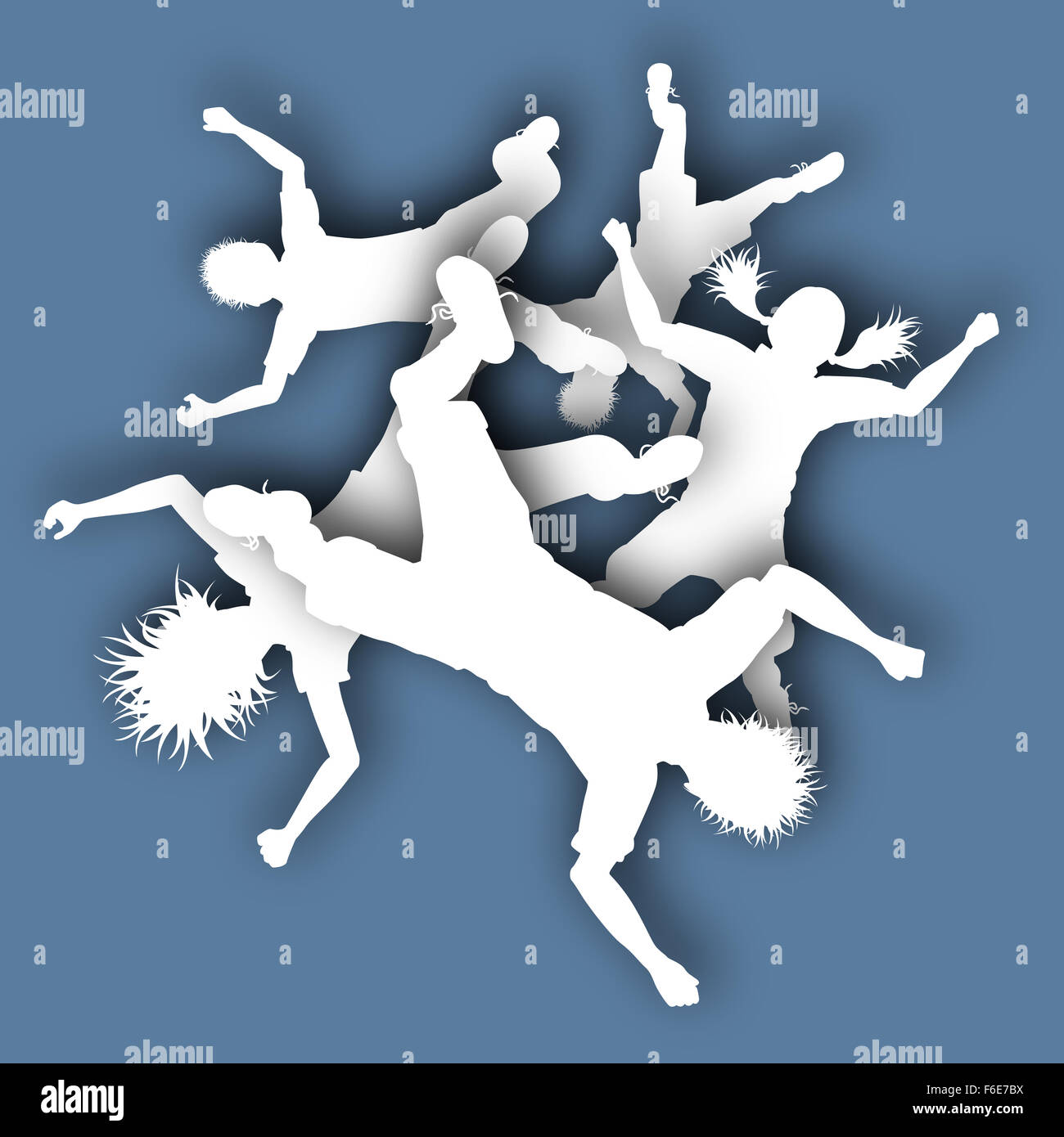 Illustrated cutout silhouettes of children falling from a blue sky Stock Photo