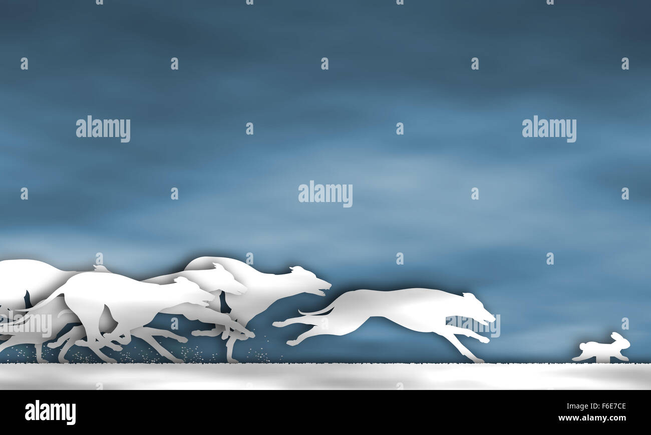 Illustration of cutout greyhound dogs racing around a track Stock Photo