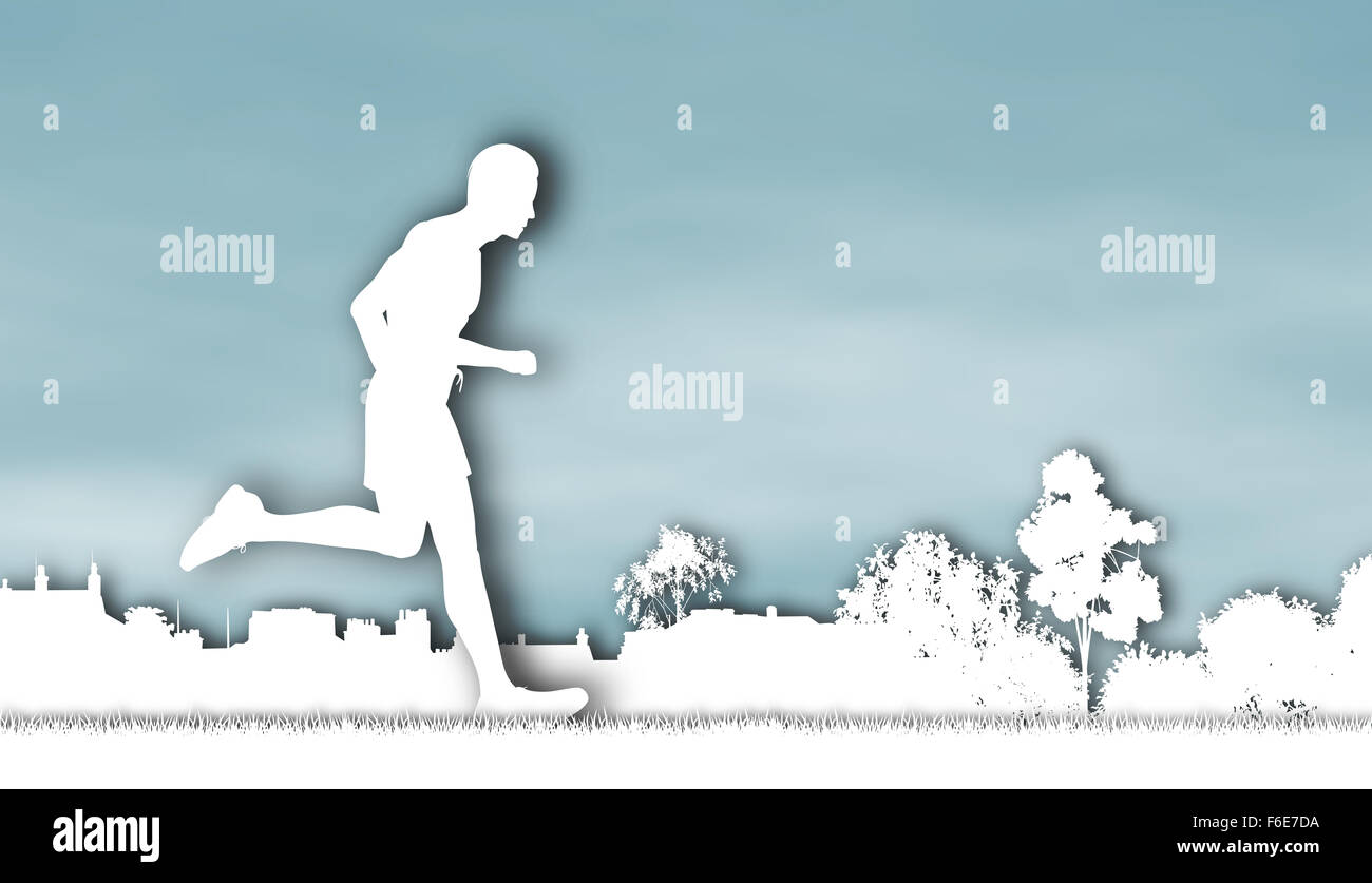 Cutout illustration of a jogger running through an urban park Stock Photo