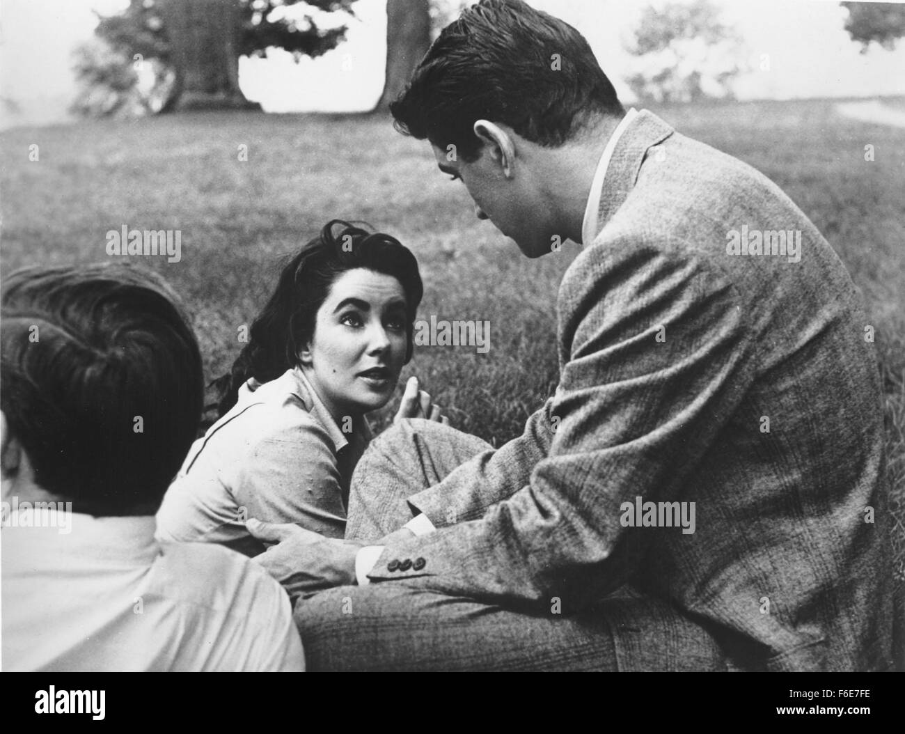RELEASE DATE: November 24, 1956. MOVIE TITLE: Giant. STUDIO: Giant Productions. PLOT: Texan rancher Bick Benedict visits a Maryland farm to buy a prize horse. Whilst there he meets and falls in love with the owner's daughter Leslie, they are married immediately and return to his ranch. The story of their family and its rivalry with cowboy and (later oil tycoon) Jett Rink unfolds across two generations. PICTURED: ELIZABETH TAYLOR as Leslie Benedict. and ROCK HUDSON as Jordan 'Bick' Benedict Jr. Stock Photo