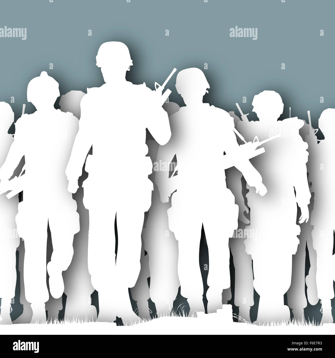 illustrated cutout silhouettes of armed soldiers walking together Stock Photo