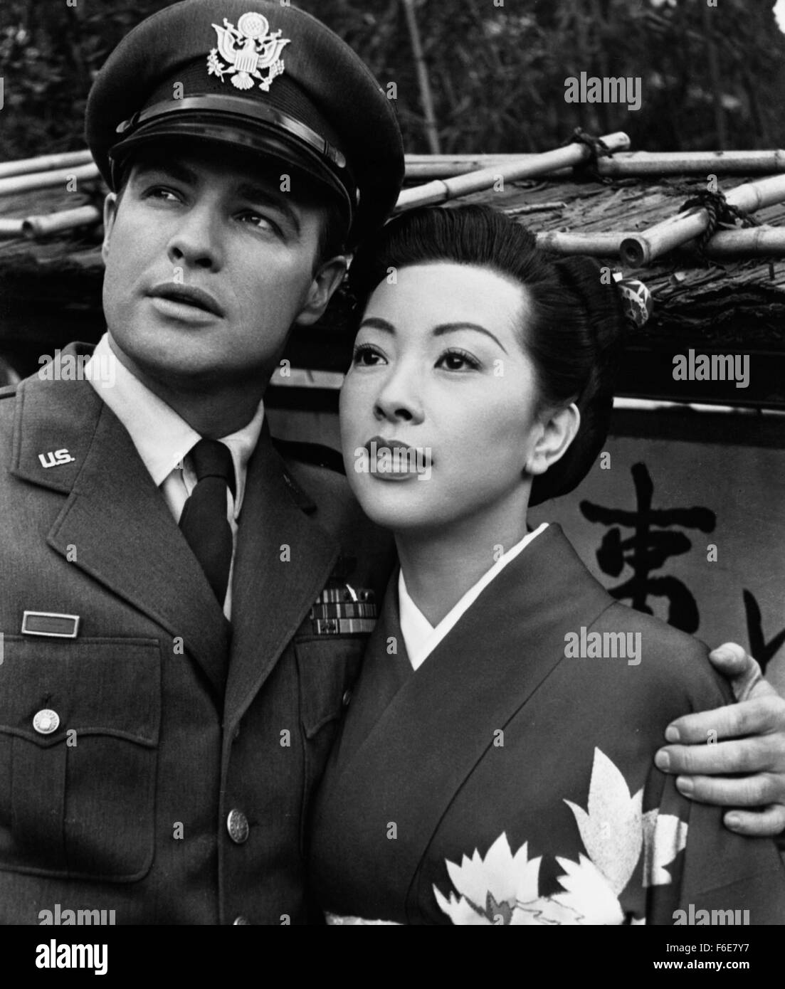 RELEASE DATE: December 5, 1957. MOVIE TITLE: Sayonara. STUDIO: Pennebaker Productions. PLOT: Major Lloyd Gruver, a Korean War flying ace reassigned to Japan, staunchly supports the military's opposition to marriages between American troops and Japanese women. But that's before Gruver experiences a love that challenges his own deeply set prejudices... and plunges him into conflict with the U.S. Air Force and Japan's own cultural taboos. PICTURED: MARLON BRANDO as Maj. Lloyd 'Ace' Gruver. Stock Photo
