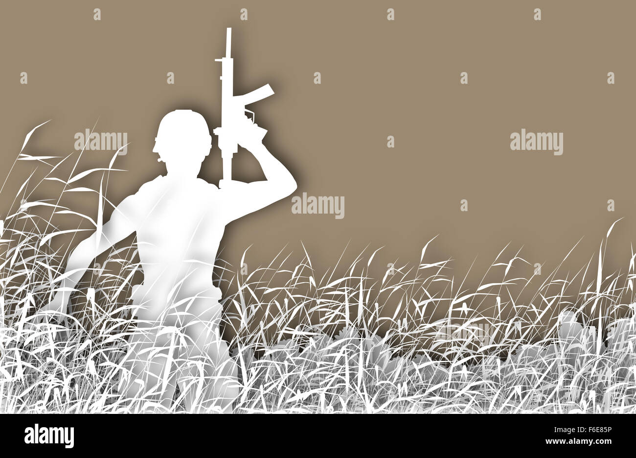 Cutout illustration of a soldier on patrol in a reedswamp with copy-space Stock Photo