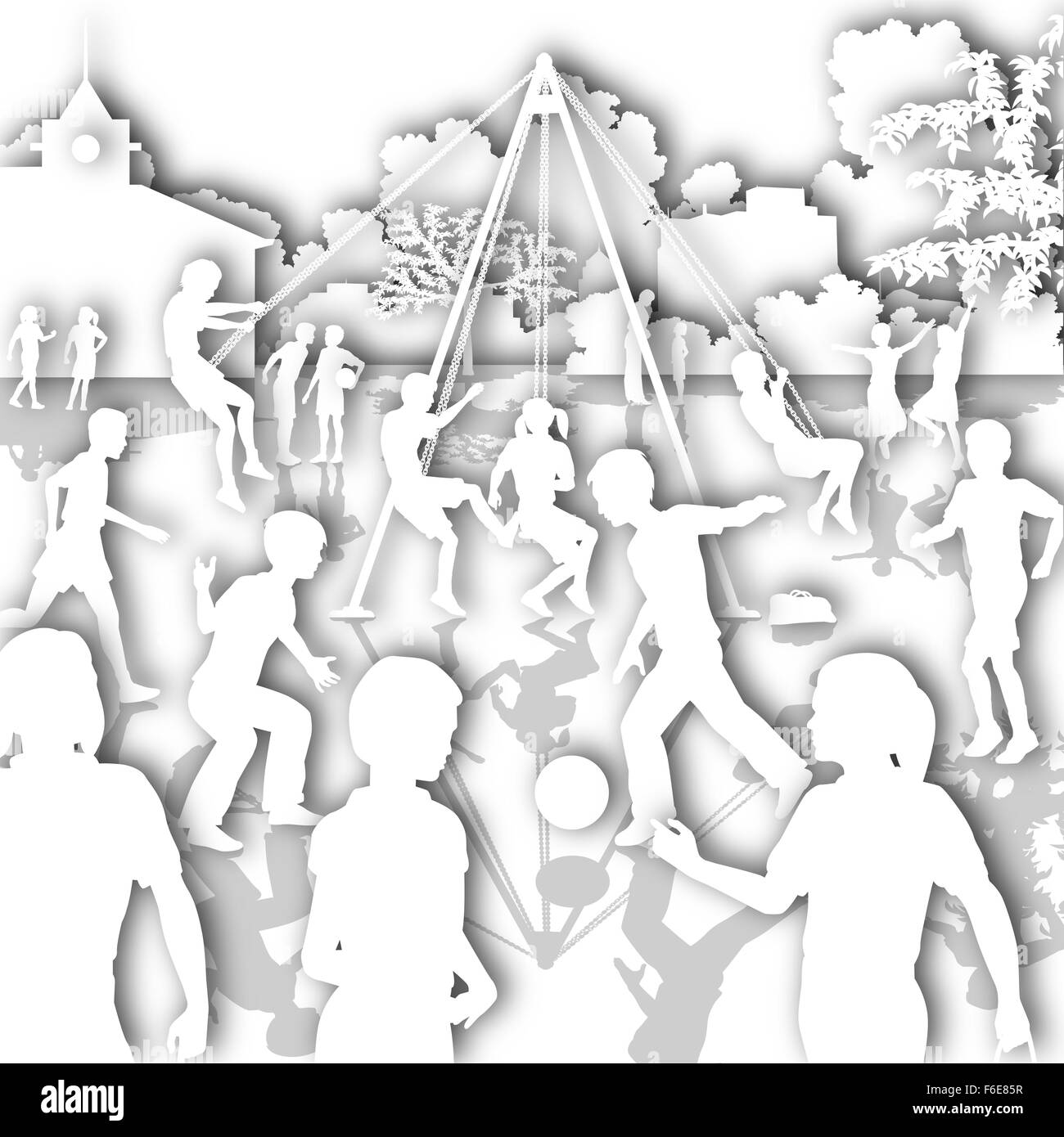 White cutout illustration of children playing in a school playground Stock Photo