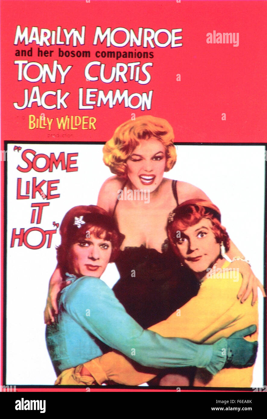 Film Title:  SOME LIKE IT HOT.  DIRECTOR:  BILLY WILDER.  STUDIO:  United Artists.  PLOT:  Two unemployed, 20's era Chicago jazz musicians, Joe (Tony Curtis) and Jerry (Jack Lemmon) accidentally witness the St. Valentine's Day Massacre, and must flee from gangsters.  They masquerade as women, and join Sweet Sue's all-girl jazz band which is travelling that night to a gig in  Florida.   The cross-dressing duo's lives are further complicated when Joe falls for voluptuous singer 'Sugar Kane' Kowalczyk (Marilyn Monroe),   but can't reveal his true identity, and Jerry, as 'Daphne,' attracts a rich Stock Photo