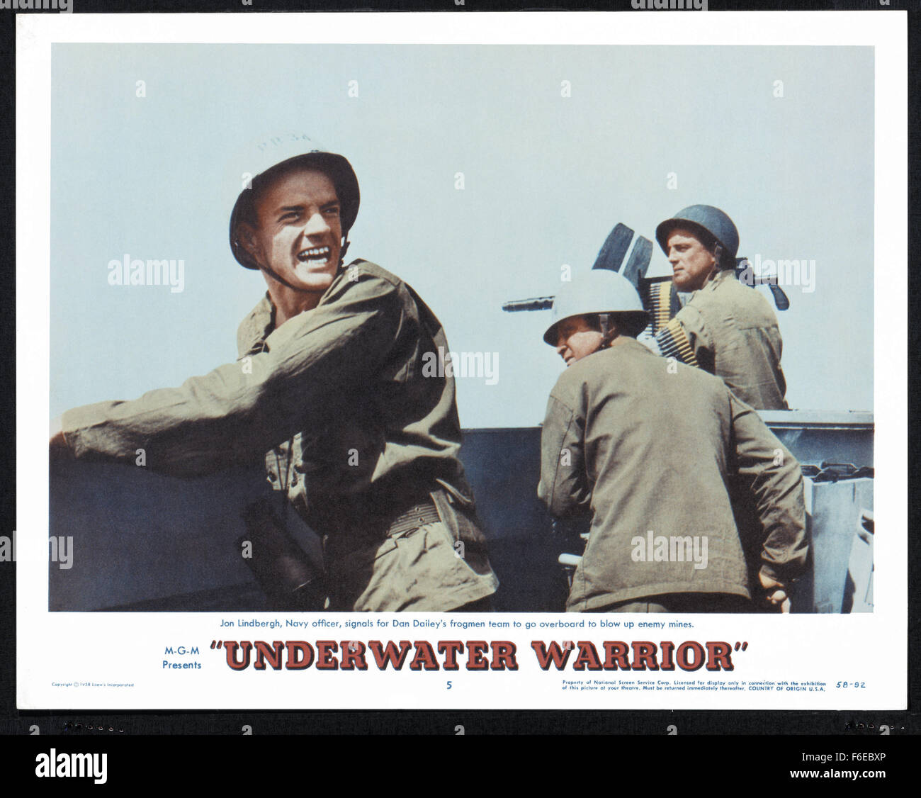 RELEASE DATE: February 14, 1958. MOVIE TITLE: Underwater Warrior. STUDIO: Underwater Productions. PLOT: Based upon the life of Commander Francic D. Fane (USNR),  UnderWater Warrior  follows the evolution of the US Navy's Underwater Demolition Unit from its inception near the end of World War II through its acceptance and finally successful utilization in Korea. Landmark underwater camera work makes  Underwater Warrior  a milestone in cinematic history. PICTURED: . Stock Photo