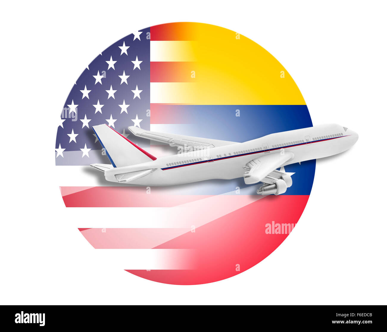 Plane, United States and Venezuela flags. Stock Photo