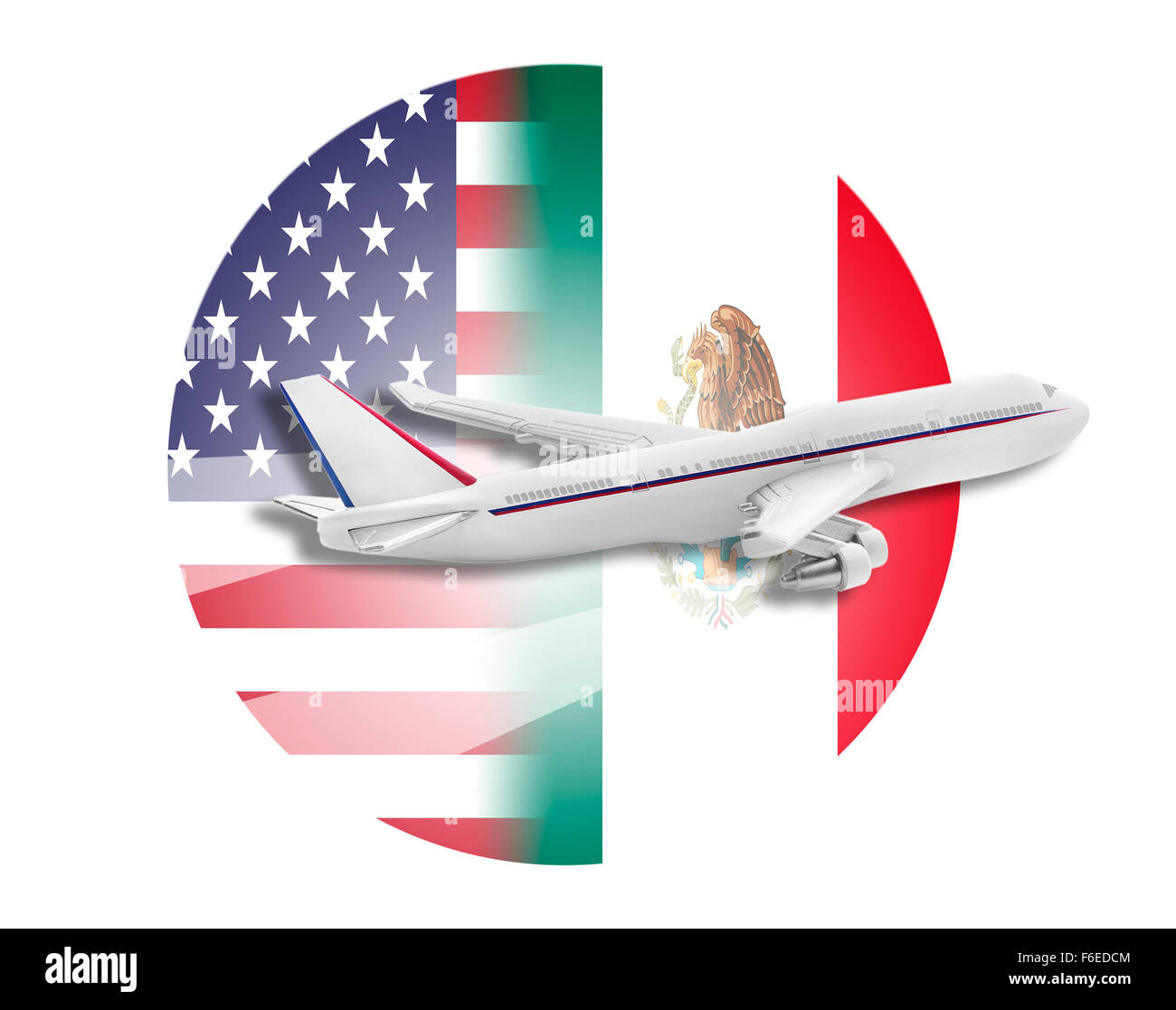 Plane, United States and Mexico flags. Stock Photo
