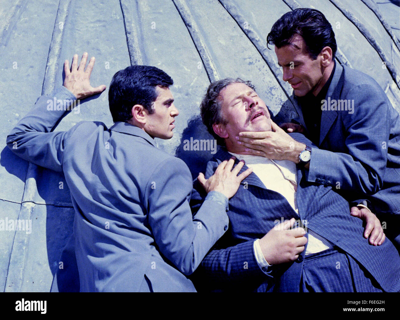 RELEASE DATE: Sep 2nd, 1964. MOVIE TITLE: Topkapi. STUDIO: MGM. PLOT: A small-time con-man with passport problems gets mixed up with a gang of world-class jewelry thieves plotting to rob the Topkapi museum in Istanbul. Turkish intelligence, suspecting arms smuggling, gets involved, and under pressure the con-man rises to heights he'd never dreamed of. PICTURED: PETER USTINOV as Arthur Simon Simpson, and MAXIMILIAN SCHELL as Walter Harper. Stock Photo