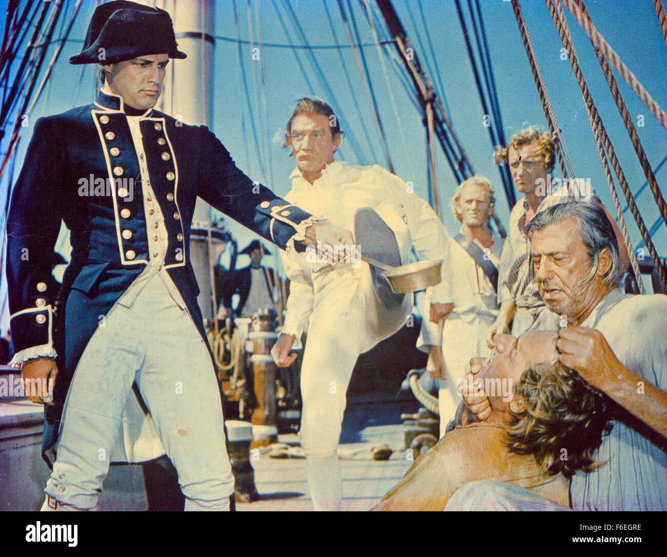 Jul 18, 1962; Hollywood, CA, USA; Actors MARLON BRANDO as  Fletcher Christian, TREVOR HOWARD as Captain Bligh and  RICHARD HARRIS star in the film 'Mutiny on the Bounty,' Stock Photo