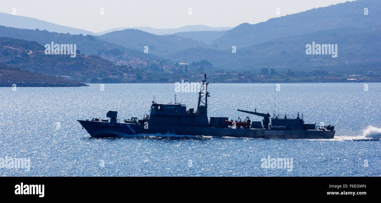 warship sailing in Lesbos Stock Photo