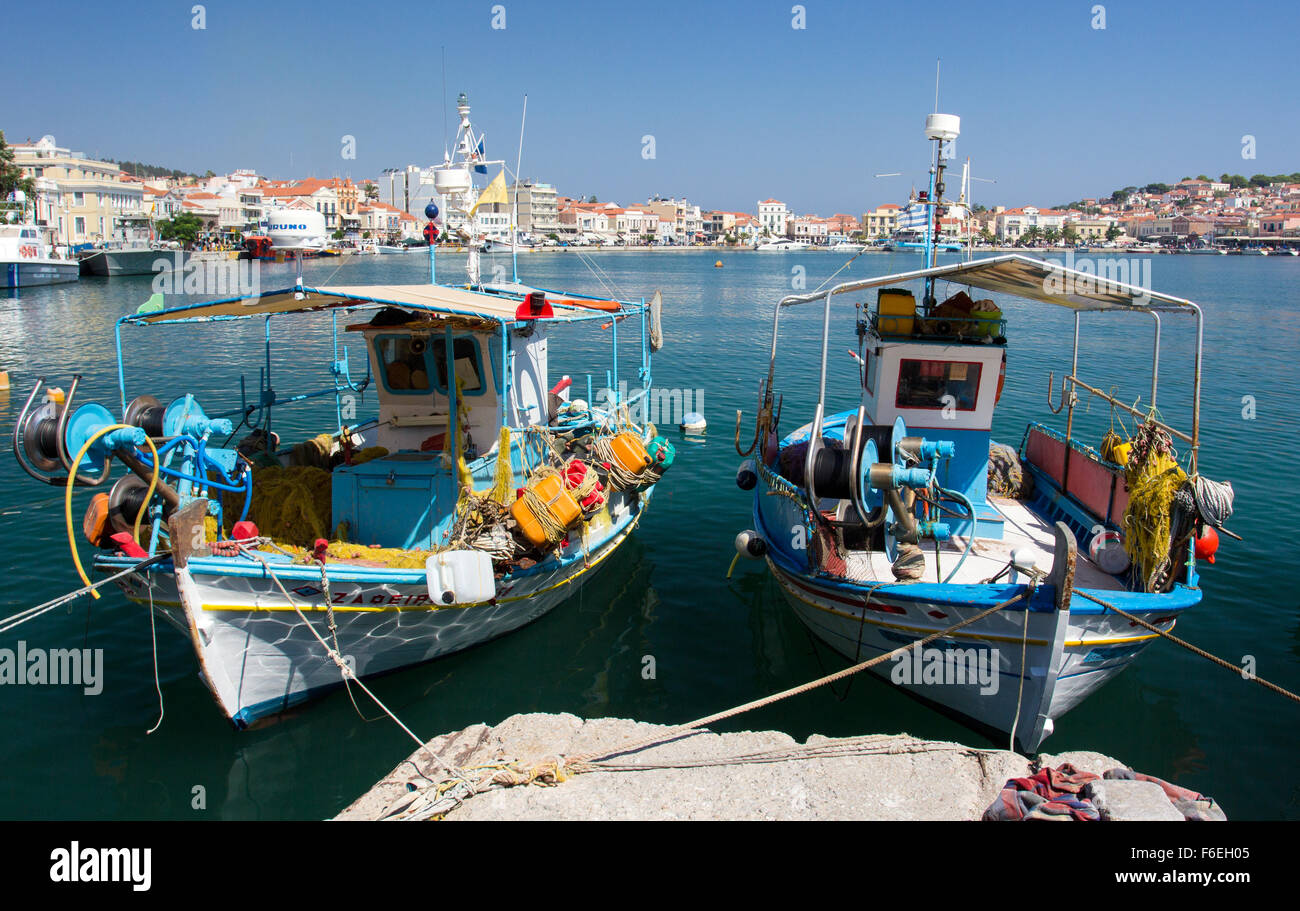 two fishing boats in Mitilini harbour Stock Photo
