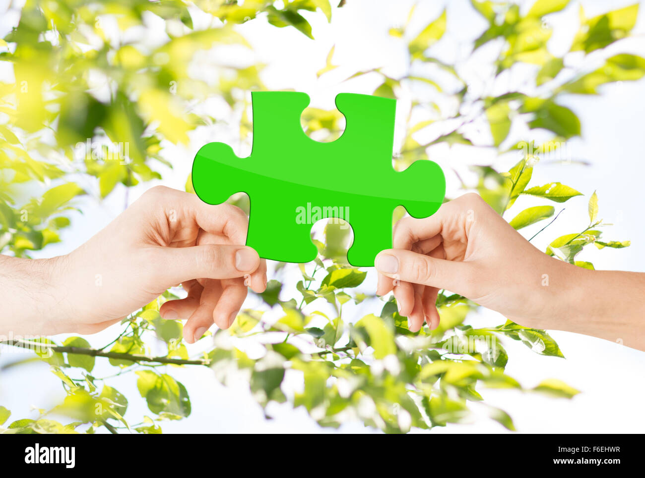 hands with green puzzle over natural background Stock Photo