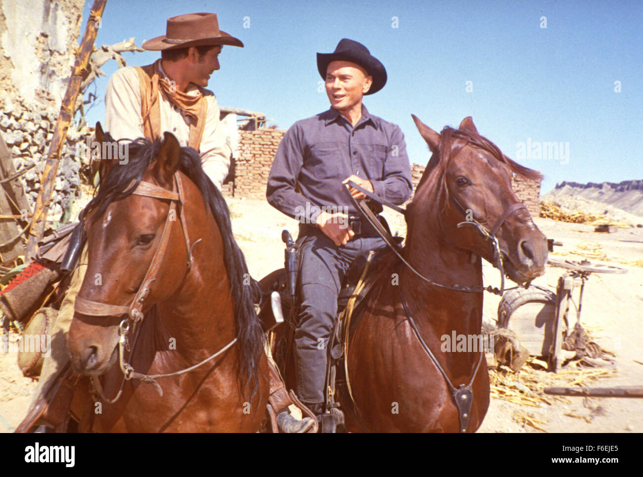 Oct 19, 1966; Madrid, SPAIN; Actor YUL BRYNNER (right) stars as Chris Adams in the Burt Kennedy directed western, 'Return of the Seven.' Stock Photo