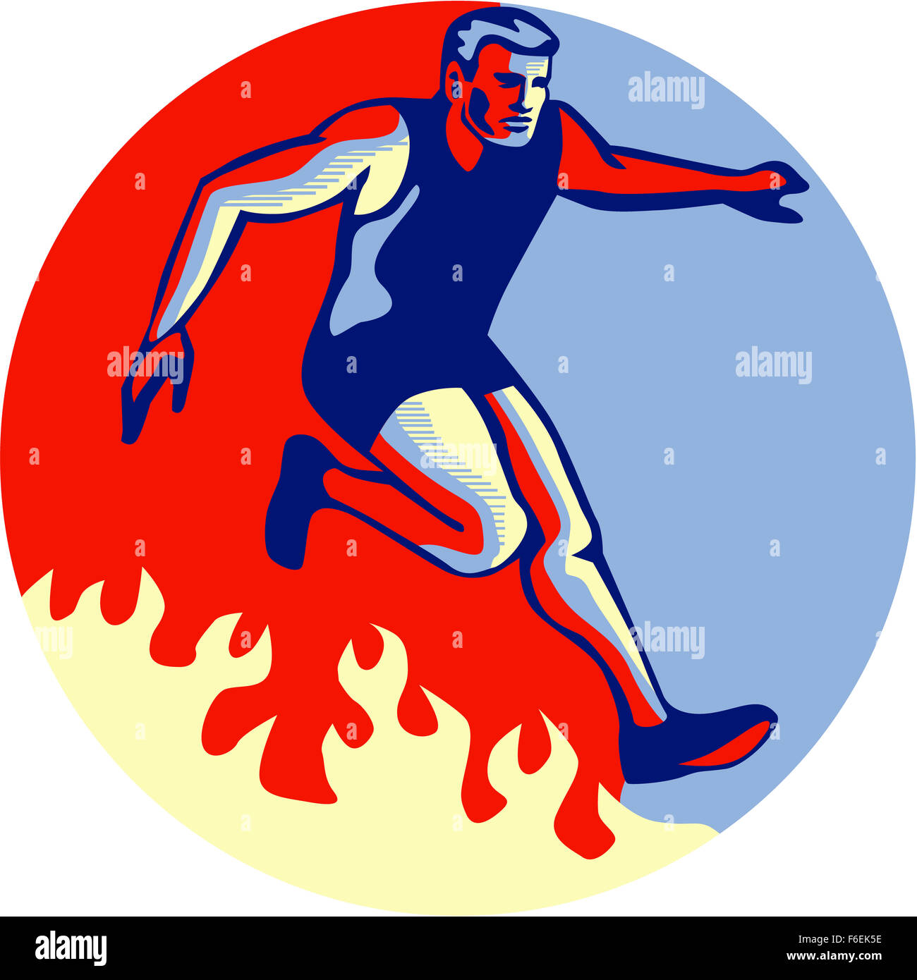 Illustration of an athlete in obstacle course racing jumping over fire set inside circle done in retro style. Stock Photo