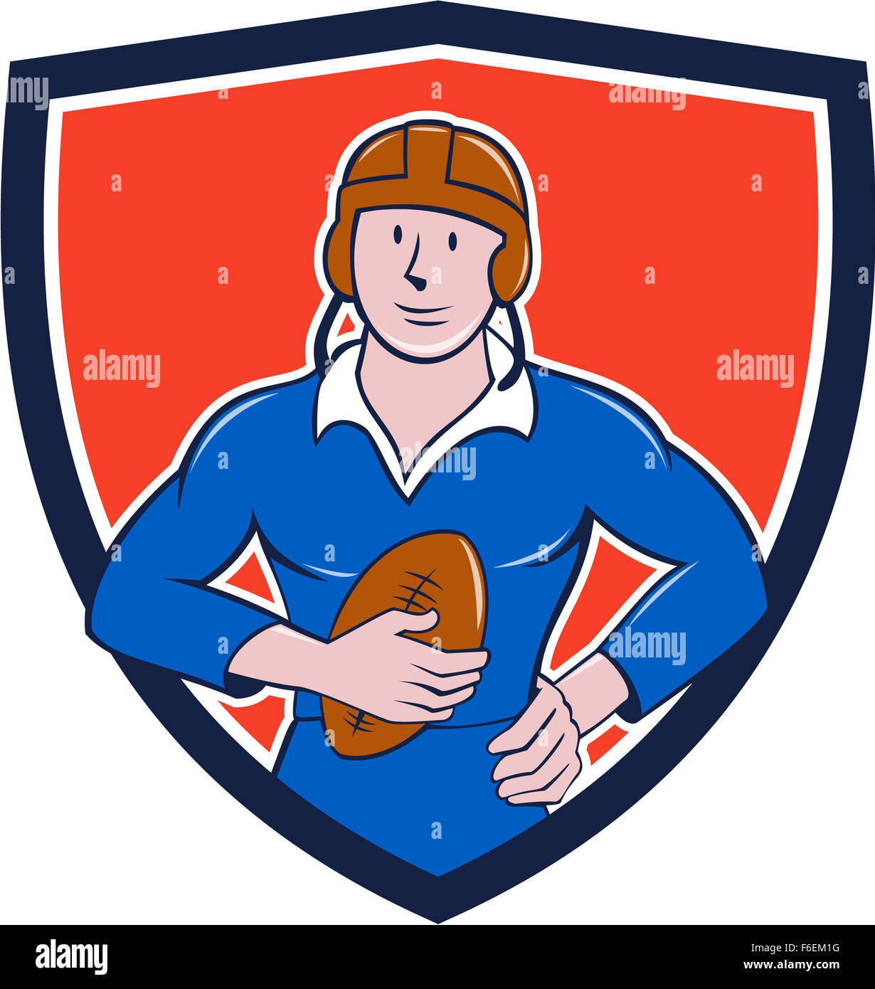 Illustration of a vintage French rugby player holding ball facing front set inside crest shield done in cartoon style. Stock Photo