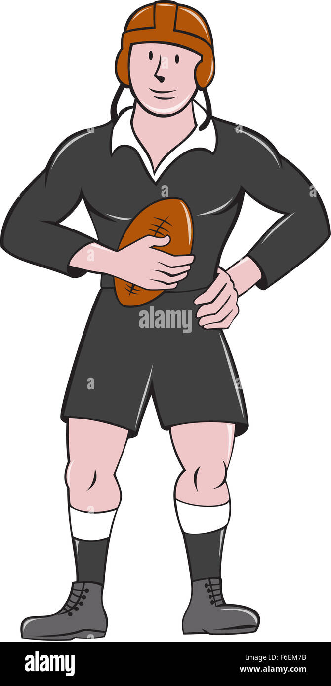Illustration of a vintage original rugby player wearing black uniform holding ball facing front standing on isolated white background done in cartoon style. Stock Photo