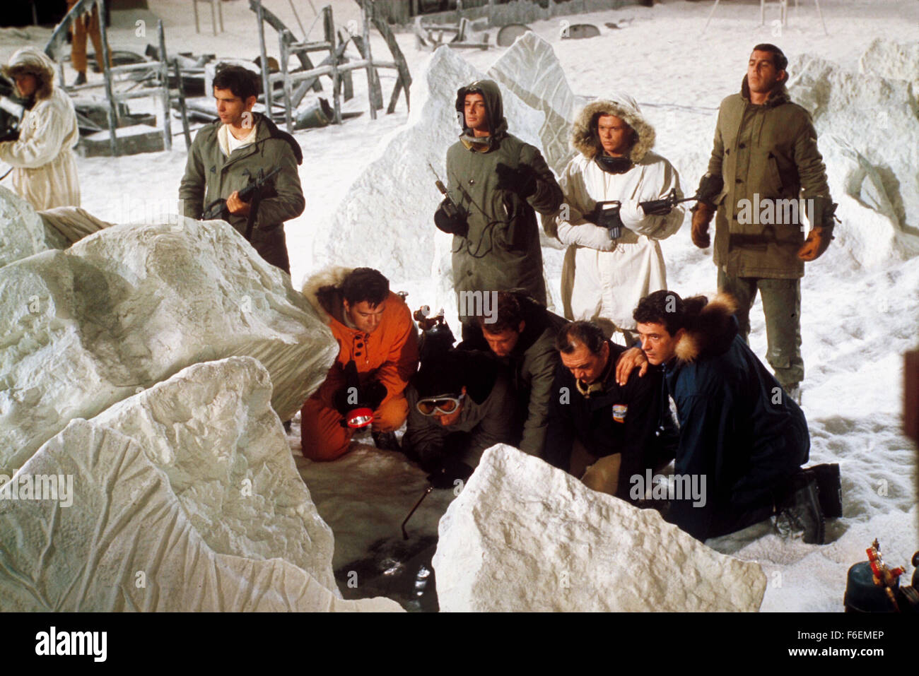 RELEASE DATE: October 23, 1968. MOVIE TITLE: Ice Station Zebra. STUDIO: Filmways Pictures. PLOT: Commander James Ferraday, USN, has new orders: get David Jones, a British civilian, Captain Anders, a tough Marine with a platoon of troops, Boris Vasilov, a friendly Russian, and the crew of the nuclear sub USS Tigerfish to the North Pole to rescue the crew of Drift Ice Station Zebra, a weather station at the top of the world. The mission takes on new and dangerous twists as the crew finds out that all is not as it seems at Zebra, and that someone will stop at nothing to prevent the mission from b Stock Photo