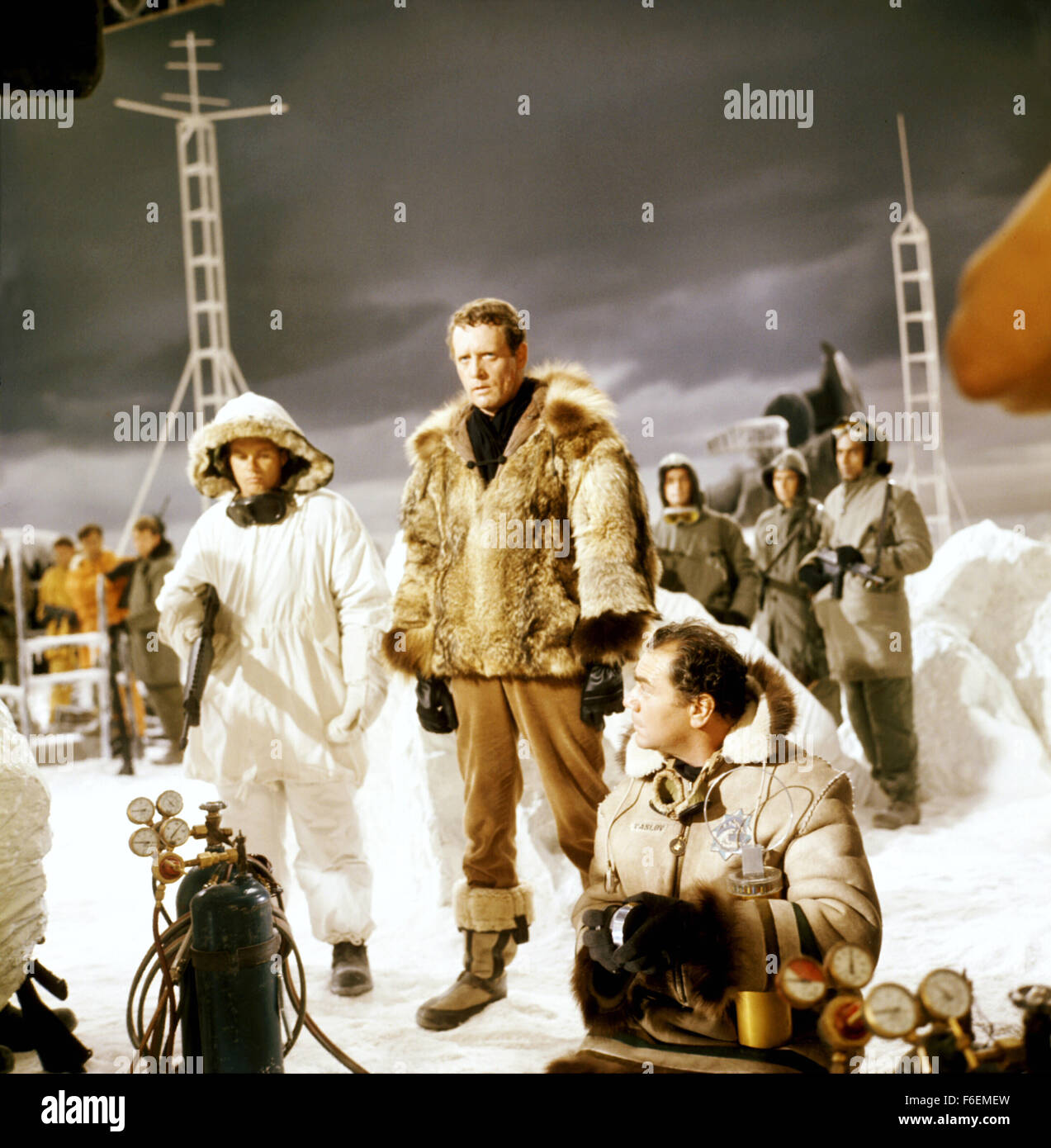 RELEASE DATE: October 23, 1968. MOVIE TITLE: Ice Station Zebra. STUDIO: Filmways Pictures. PLOT: Commander James Ferraday, USN, has new orders: get David Jones, a British civilian, Captain Anders, a tough Marine with a platoon of troops, Boris Vasilov, a friendly Russian, and the crew of the nuclear sub USS Tigerfish to the North Pole to rescue the crew of Drift Ice Station Zebra, a weather station at the top of the world. The mission takes on new and dangerous twists as the crew finds out that all is not as it seems at Zebra, and that someone will stop at nothing to prevent the mission from b Stock Photo